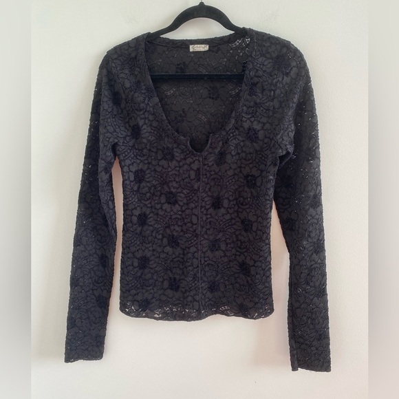 Free People Intimately Black Cloud Ride Notch Lace Long Sleeve Top Size M - Picture 5 of 12
